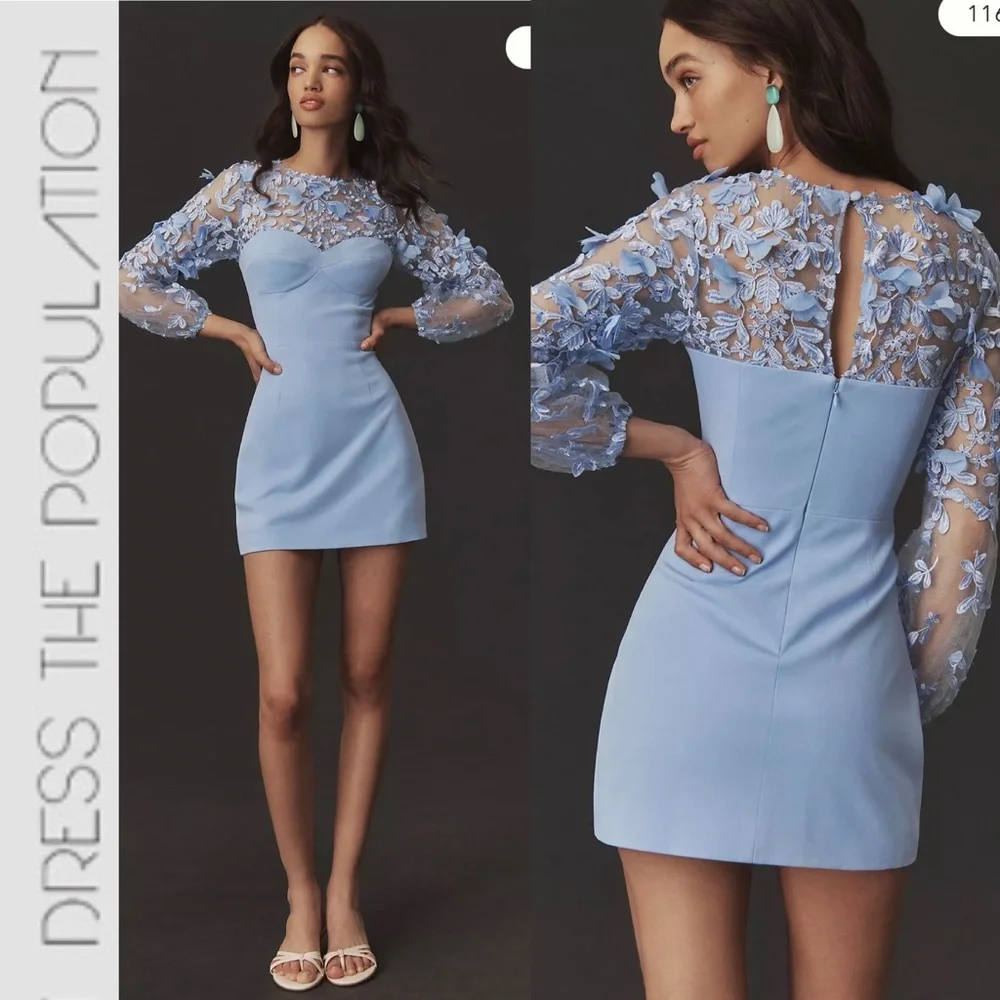 NWT Dress The Population MILA Embellished Lace Trim Long Sleeve Mini Dress m - Picture 1 of 16